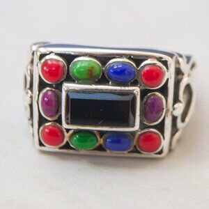 Southwestern Sterling Ring — Black Onyx Center, Multicolor Cabochons, Size 8
